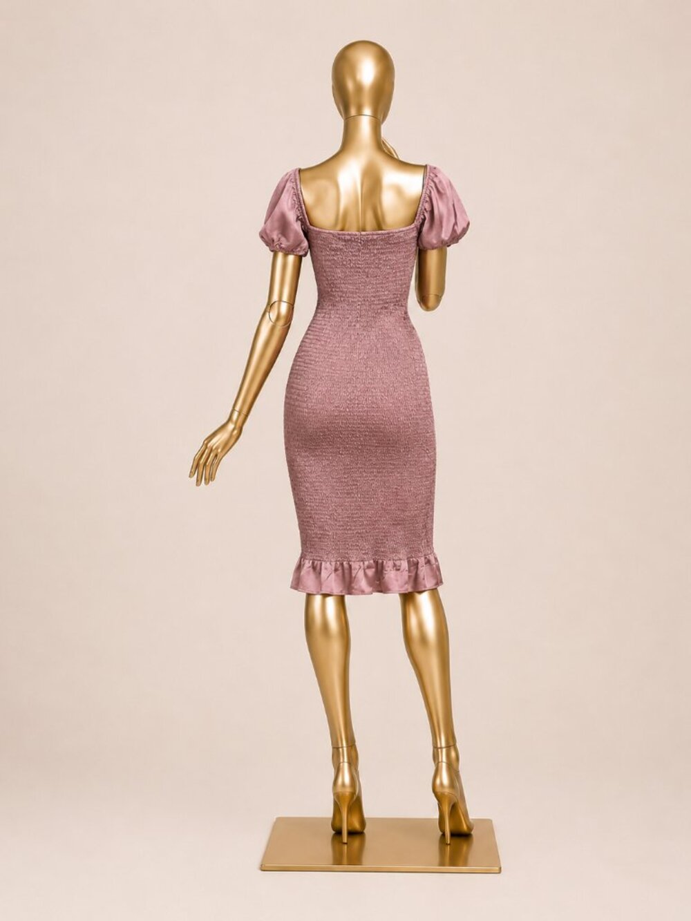 BLUSH Dusty Rose Smocked Puff Sleeve Midi Dress Size L - Picture 6 of 9